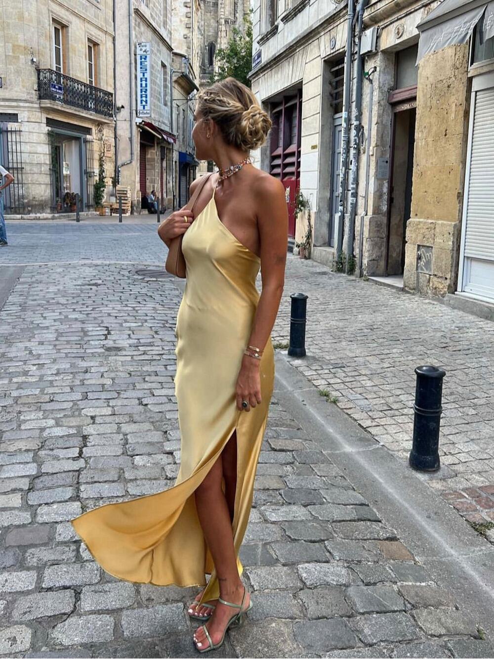 Commense M Yellow Moonlight Open Back Satin Slit Long Cocktail Maxi Dress NWT